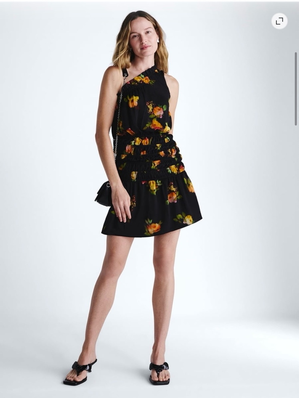 One-Shoulder Black Floral Smocked Mini Dress NWT size Medium